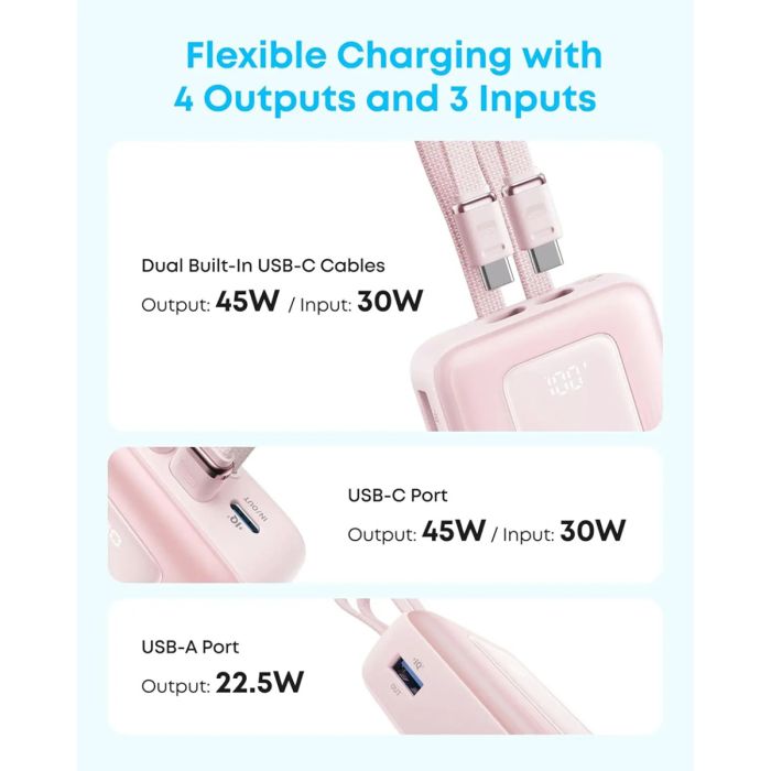 Anker Zolo Powerbank 20000 mAh, 45W z vgrajenima kabloma USB-C, črn