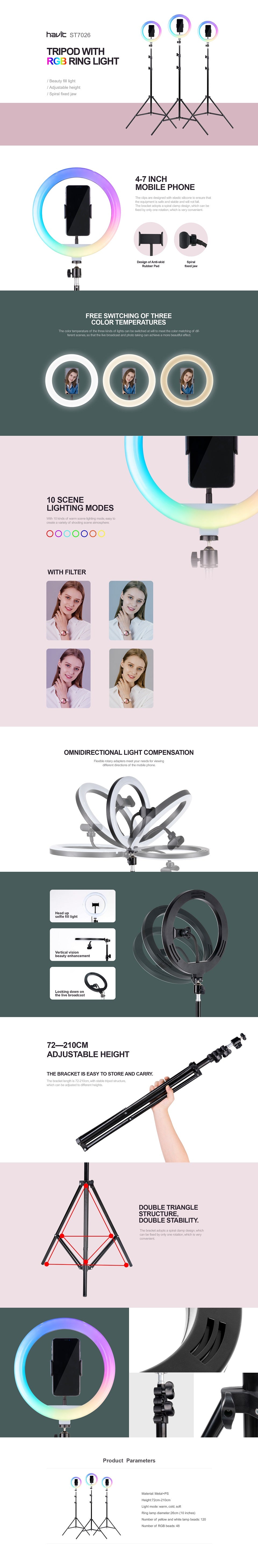 HAVIT RGB LED svetlobni obroč s tripod stojalom