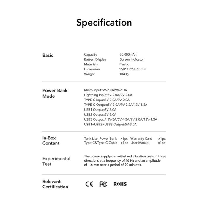 VEGER prenosna baterija Tank Lite 50000 mAh, črna