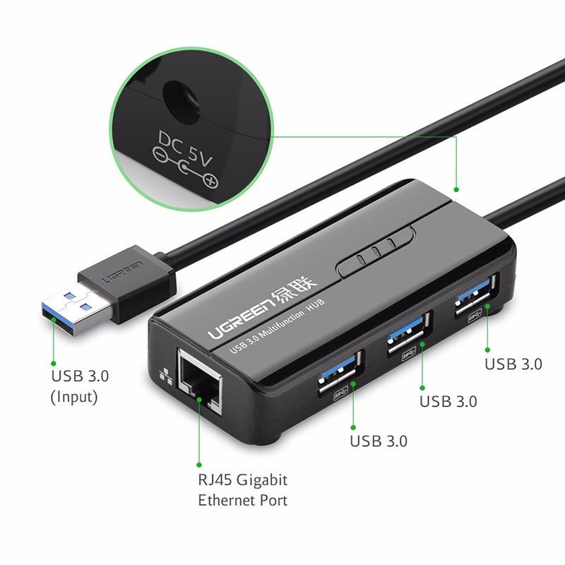 Ugreen USB 3.0 hub na 3x USB A in RJ45 - box