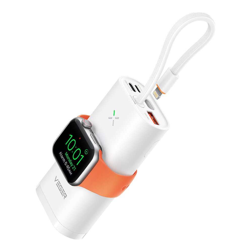 VEGER prenosna baterija MagFan 10000 mAh, vgrajen kabel in Apple Watch polnilnik, bela