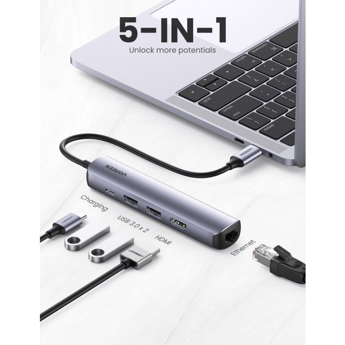 UGREEN 5v1 USB-C Hub, USB 3.0 A+HDMI+RJ45+PD - box