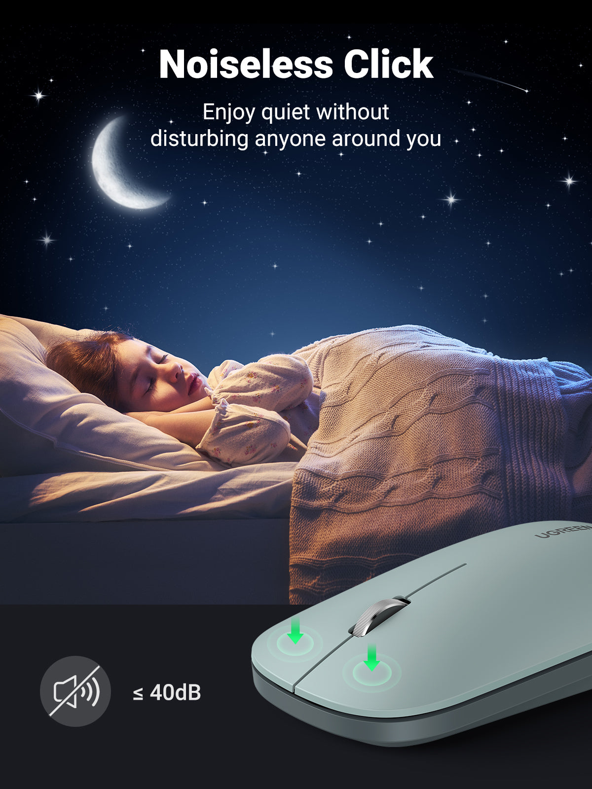 Ugreen brezžična tiha, tanka in lahka miška 2.4GHz, 400DPI zelena - box