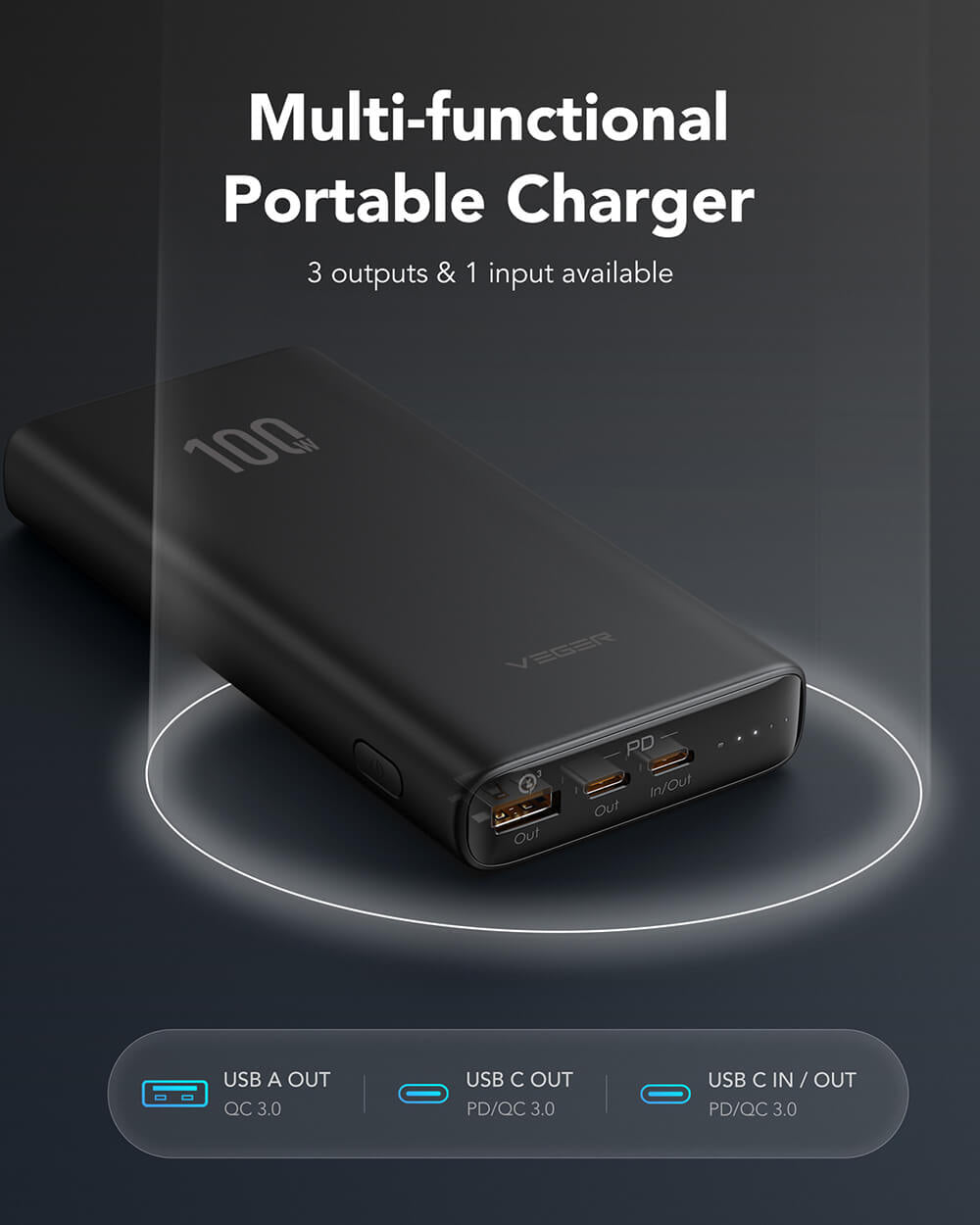 VEGER T100 PowerBank 20.000 mAh T100, črn