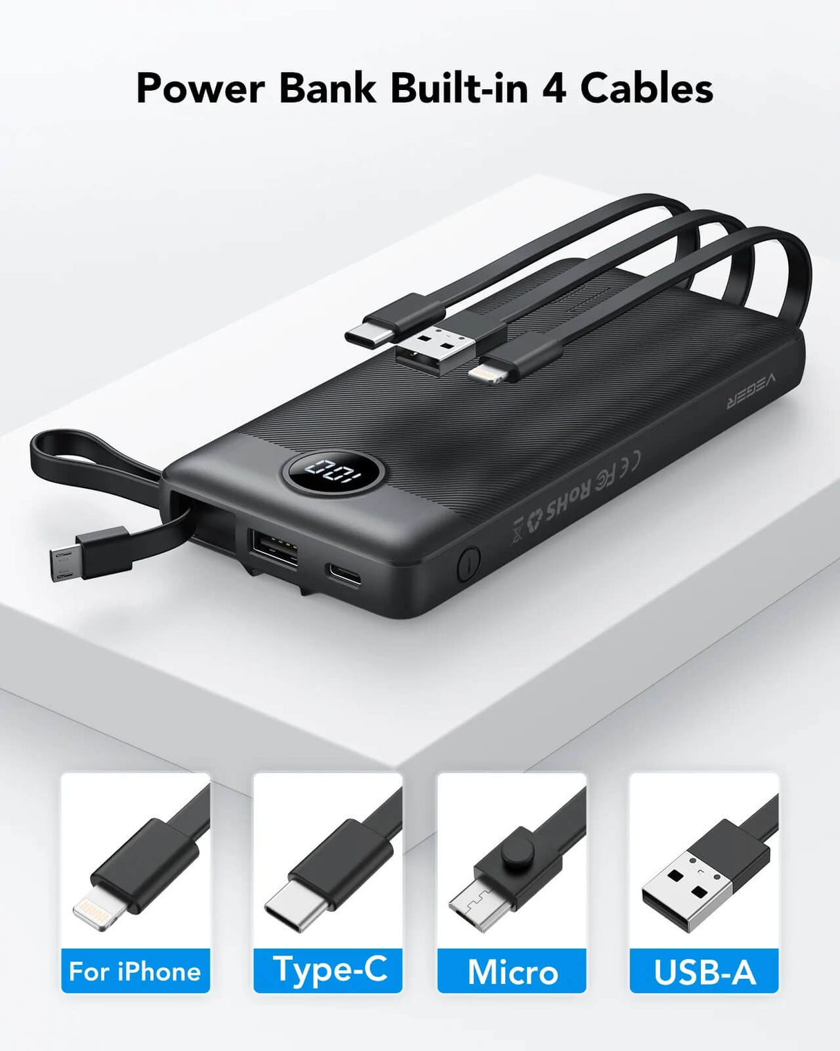 VEGER prenosna baterija z vgrajenimi kabli C10 10000 mAh, črna
