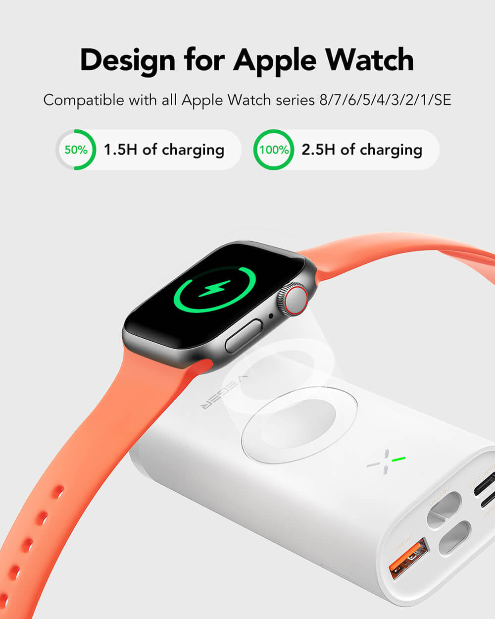 VEGER prenosna baterija MagFan 10000 mAh, vgrajen kabel in Apple Watch polnilnik, bela