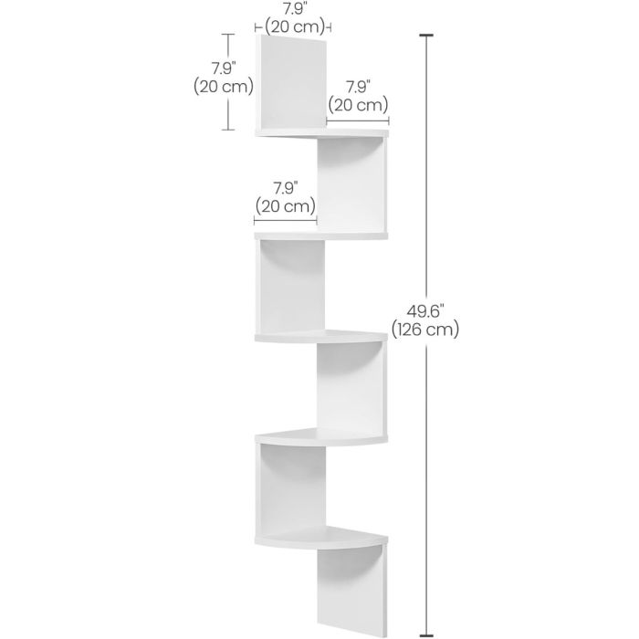 VASAGLE kotni stenski regal, 5-nivojski, 20 × 20 × 127,5 cm, mat bela