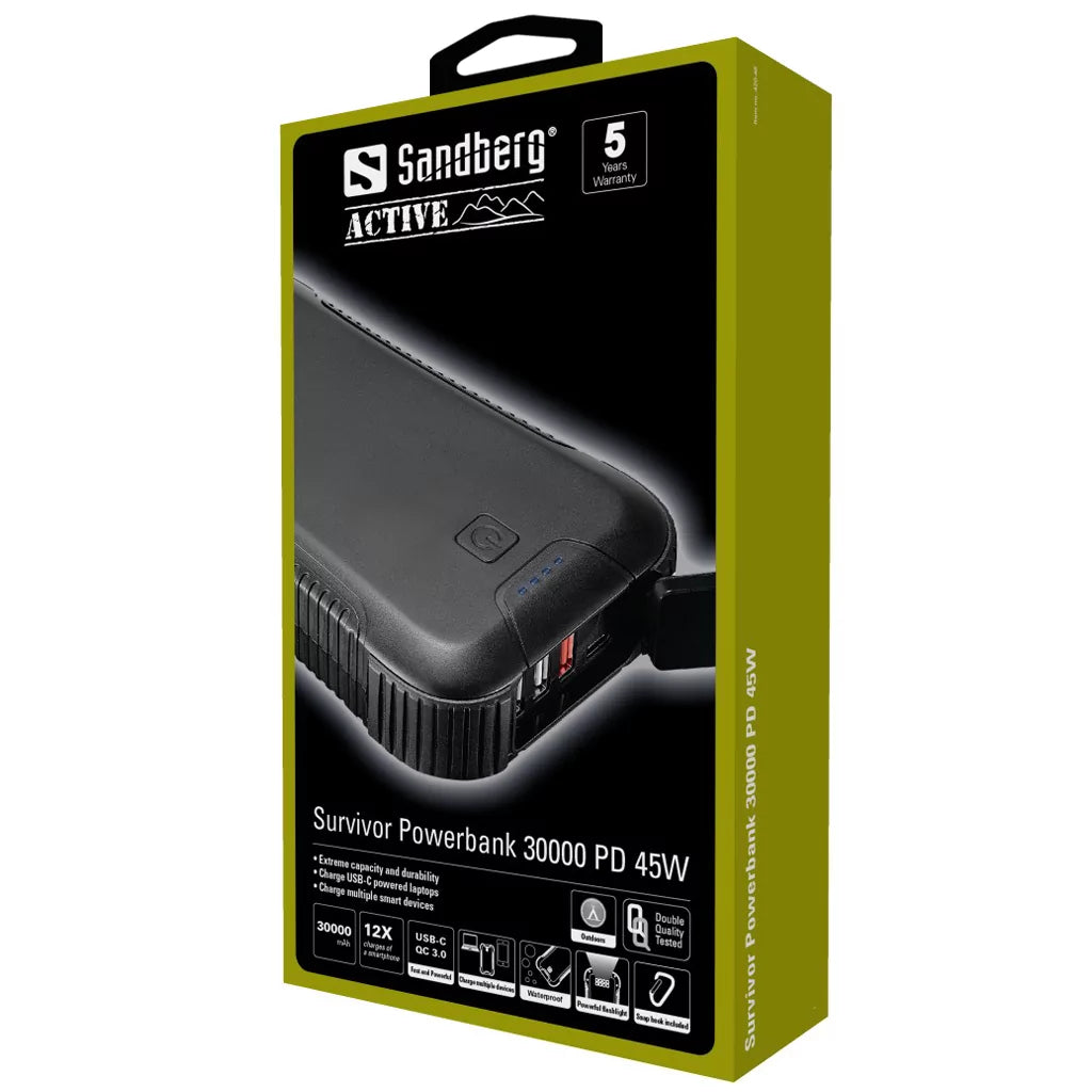Sandberg Survivor Powerbank 30000 PowerDelivery 45W prenosna baterija z LED svetilko