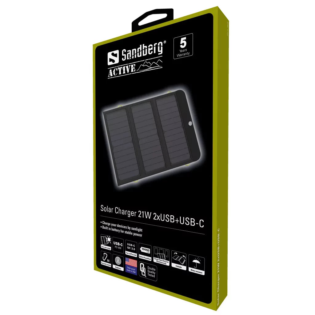 Sandberg solarni panel - polnilnik 21W 2xUSB+USB-C z vgrajeno 10.000 mAh baterijo