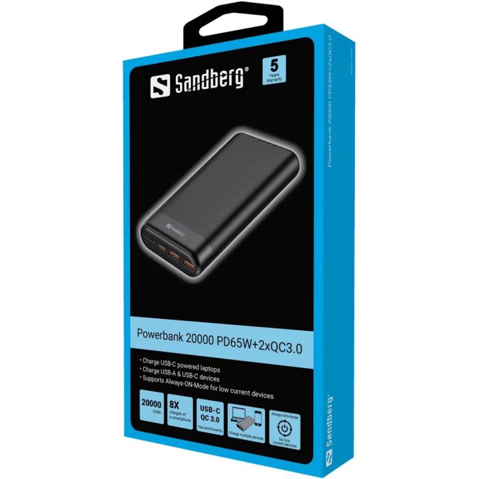 Sandberg Powerbank 20000 mAh PD65W+2xQC3.0 prenosna baterija
