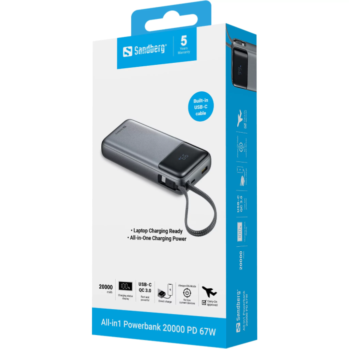 Sandberg All-in1 Powerbank 20000 PD 67W prenosna baterija