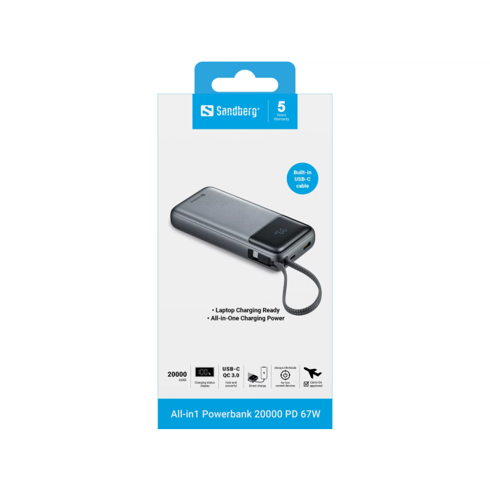 Sandberg All-in1 Powerbank 20000 PD 67W prenosna baterija