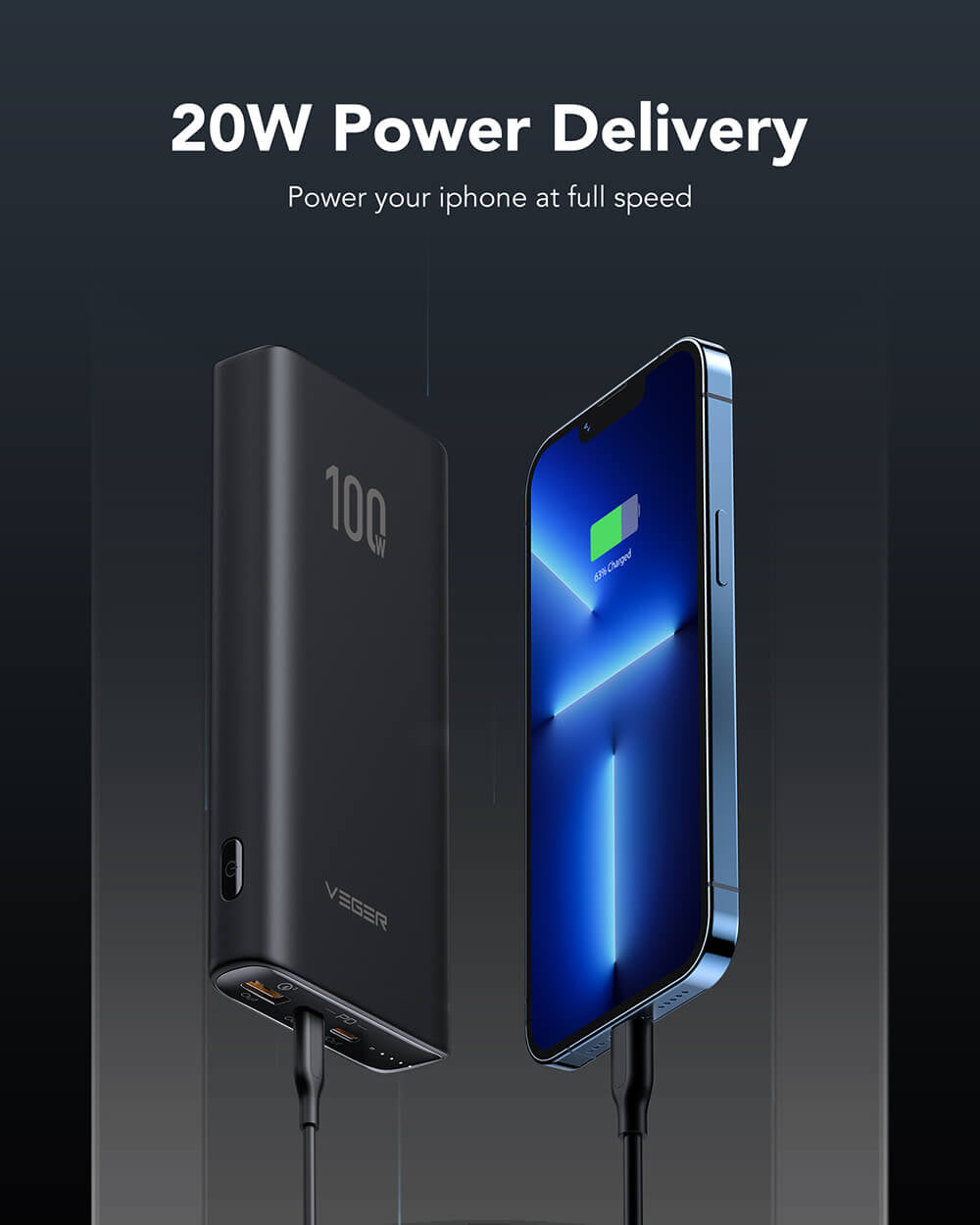 VEGER T100 PowerBank 20.000 mAh T100, črn