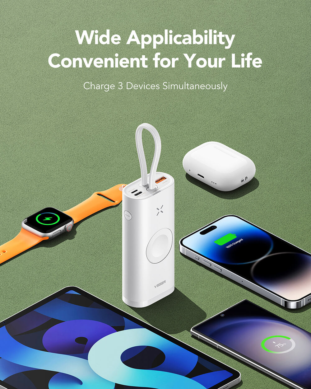VEGER prenosna baterija MagFan 10000 mAh, vgrajen kabel in Apple Watch polnilnik, bela