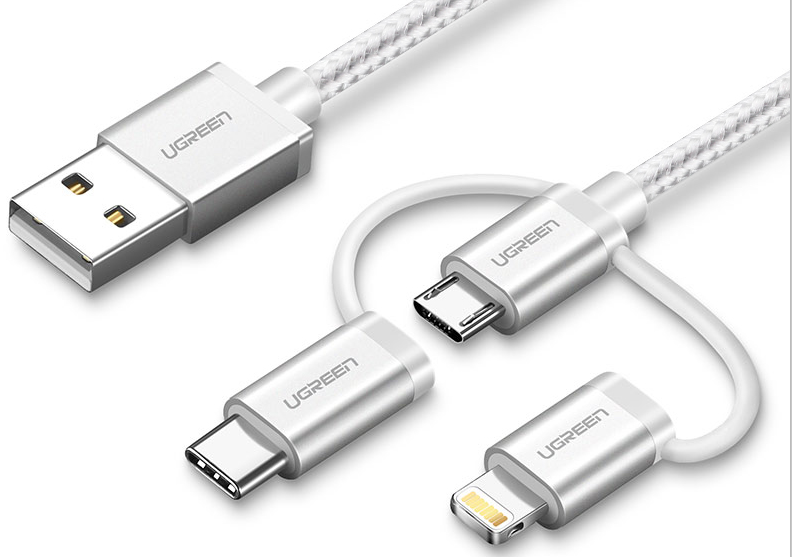 Ugreen USB 2.0 na Micro USB+Lightning+Type C (3 v 1) podatkovni kabel pleten 1,5m