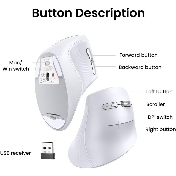 Ugreen brezžična ergonomska vertikalna miška z Bluetooth in Wi-Fi povezavo - bela