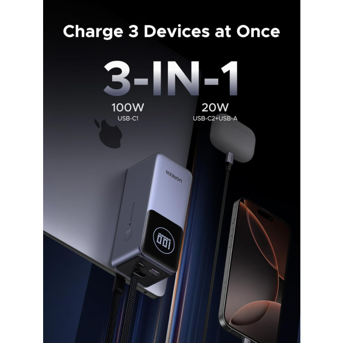 Ugreen prenosna polnilna baterija 12.000mAh, 100W z vgrajenim kablom