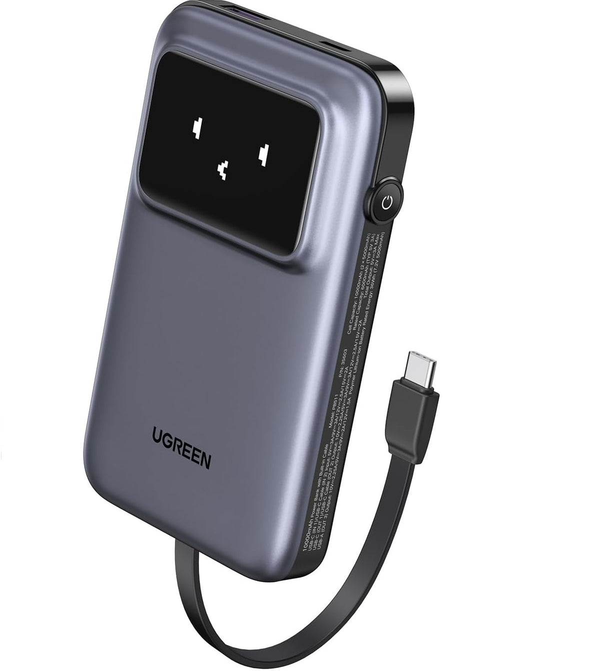 Ugreen Uno 10.000mAh 30w QC polnilna prenosna baterija z vgrajenim USB-C kablom