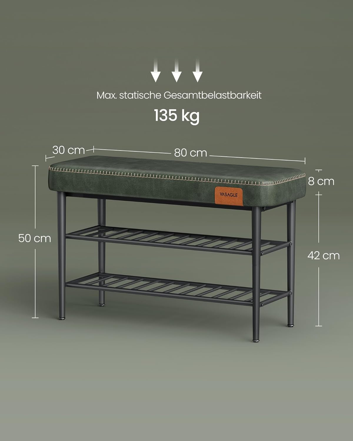 VASAGLE EKHO klop za čevlje, umetno usnje, 135 kg nosilnosti, gozdno zelena, 30 x 80 x 50 cm