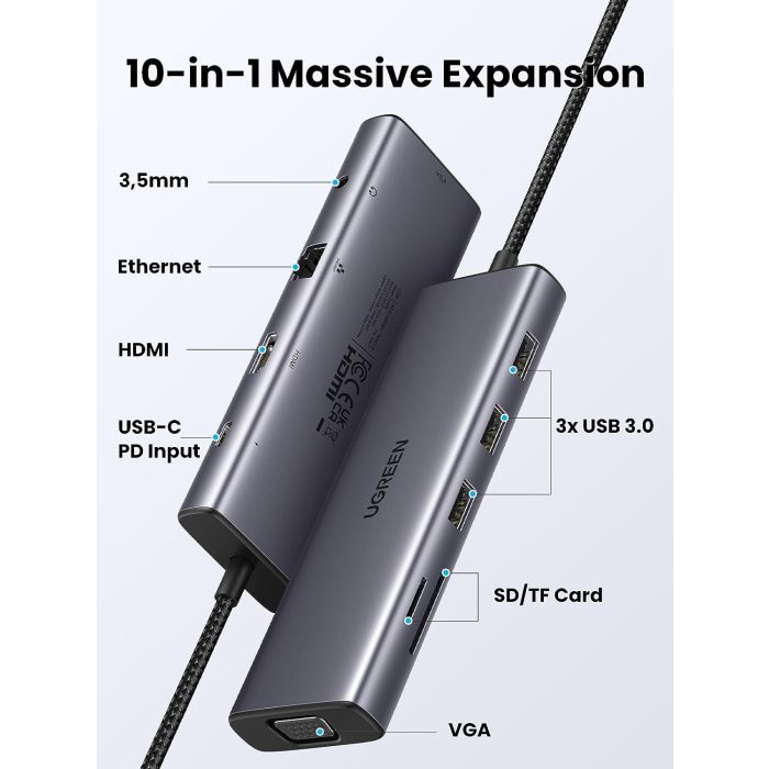 UGREEN USB C Hub, 10-v-1 USB-C z dvojnim izhodom za zaslon 4K HDMI & VGA, 100W PD
