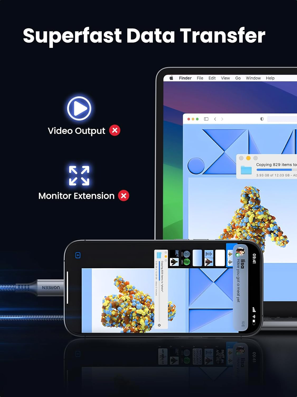 Ugreen 60W USB-C na USB-C polnilni kabel, 1M