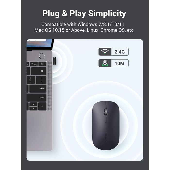 Ugreen brezžična tiha, tanka in lahka miška 2.4GHz, 400DPI črna - box