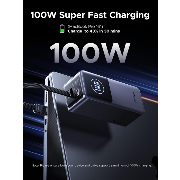 Ugreen prenosna polnilna baterija 12.000mAh, 100W z vgrajenim kablom