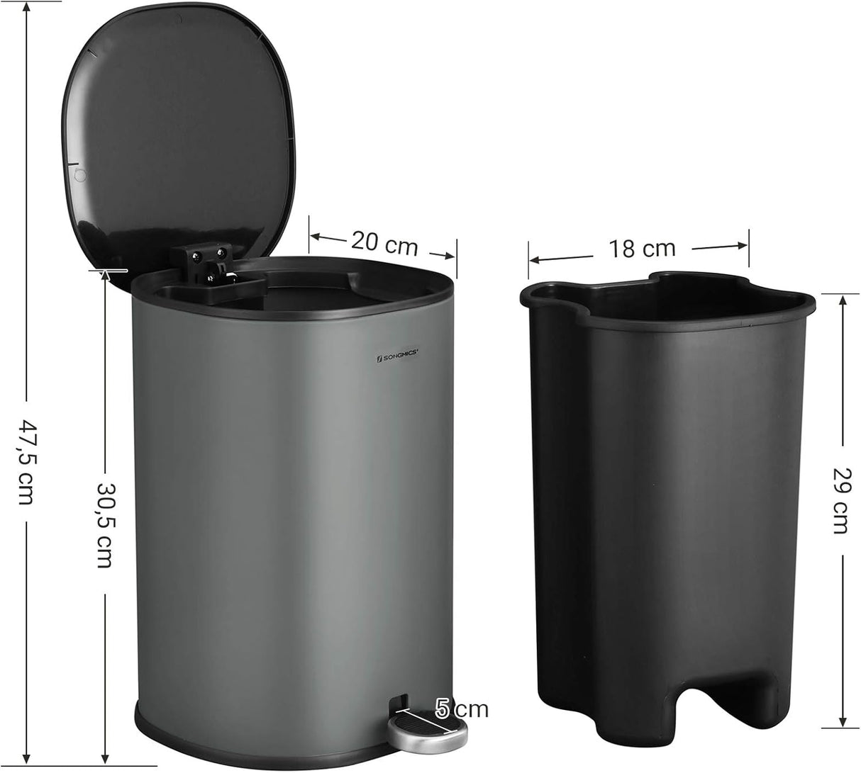 SONGMICS 5-litrski pedalni koš iz jekla siv