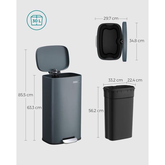 SONGMICS Kuhinjski koš za smeti, 30 litrov siv