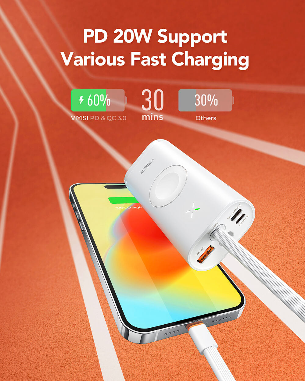 VEGER prenosna baterija MagFan 10000 mAh, vgrajen kabel in Apple Watch polnilnik, bela