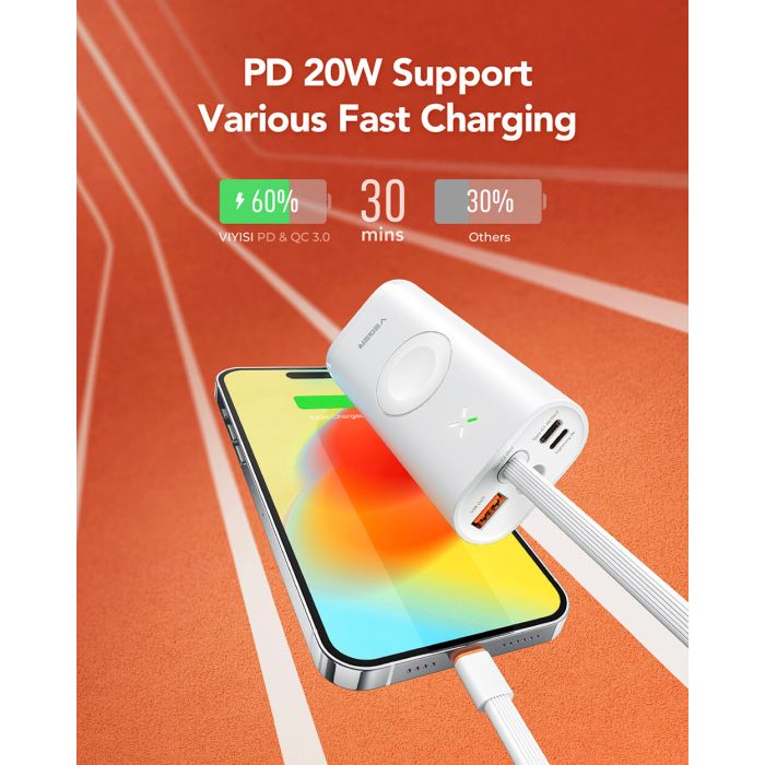 VEGER prenosna baterija MagFan 10000 mAh, vgrajen kabel in Apple Watch polnilnik, bela