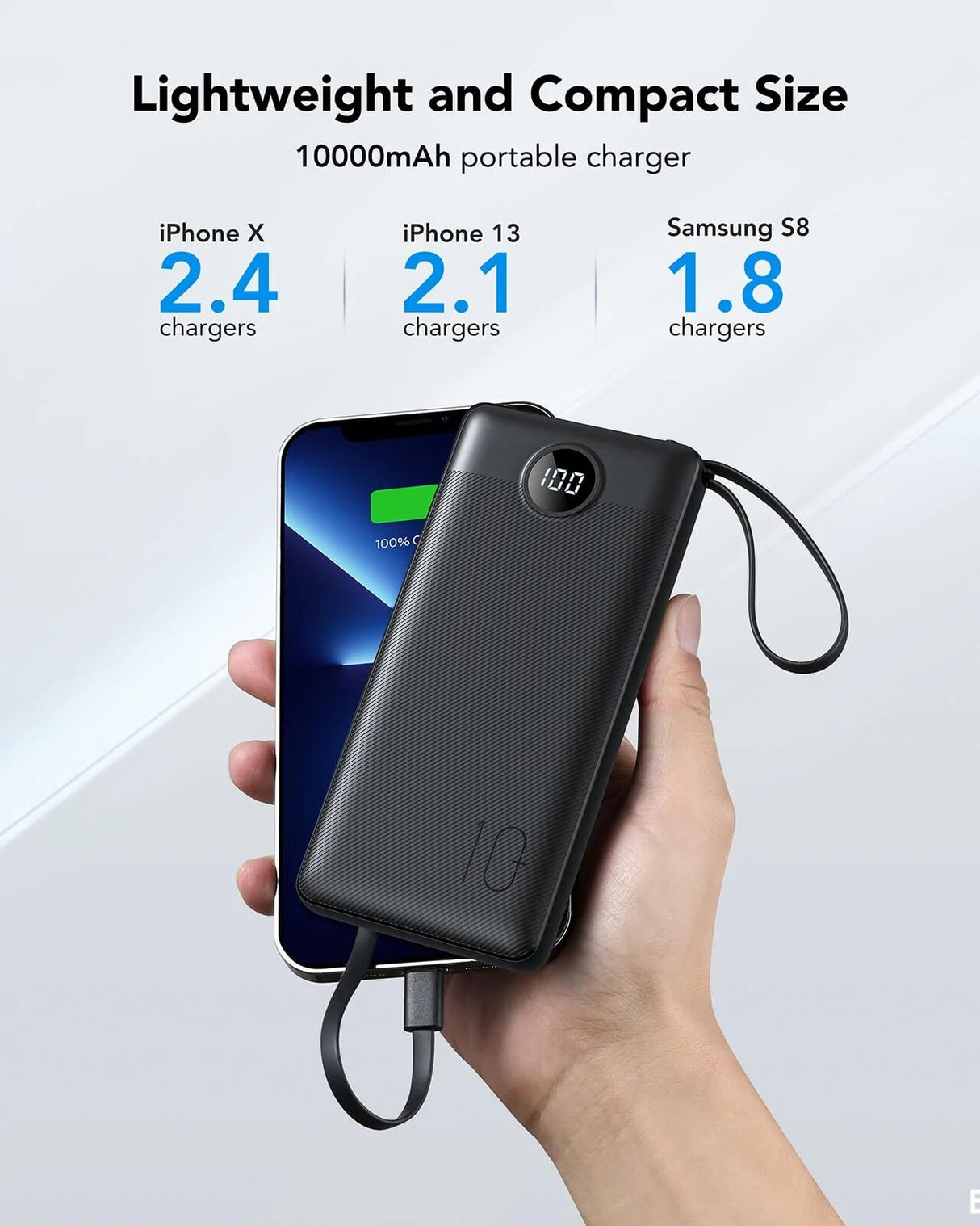 VEGER prenosna baterija z vgrajenimi kabli C10 10000 mAh, črna