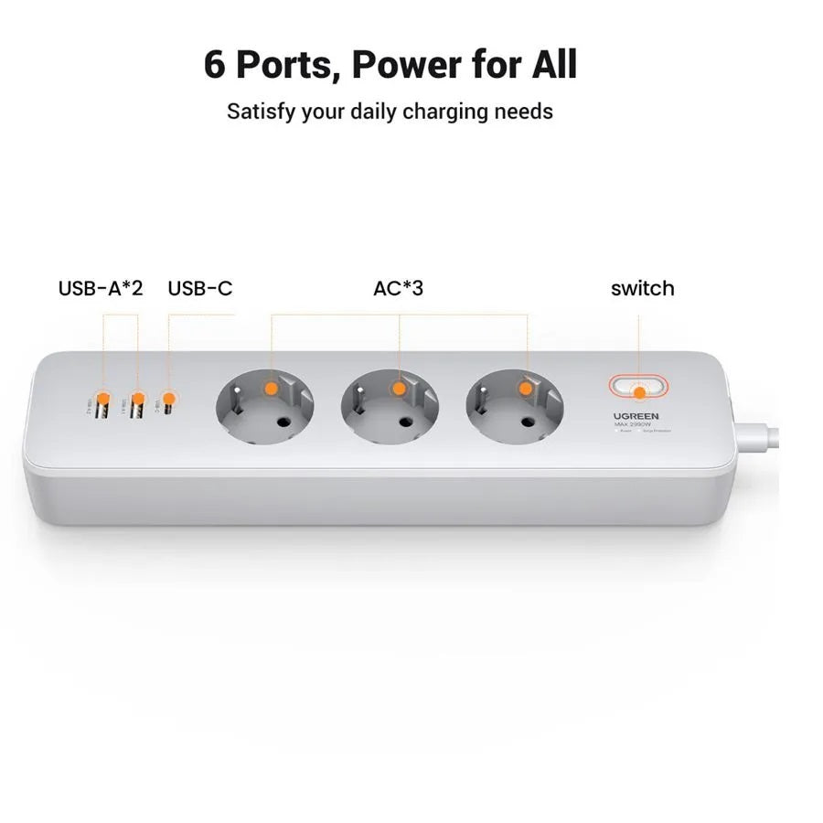 Ugreen zaščitna vtičnica 3xSchuko 1x USB-C + 2x USB, 2m
