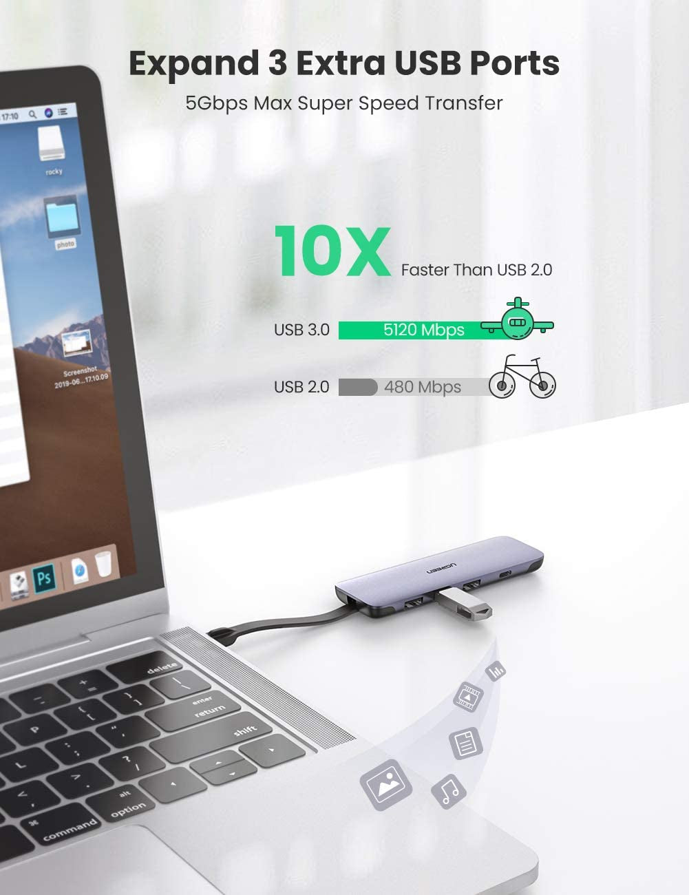 UGREEN USB-C Hub 5v1 4K HDMI, 2x USB 3.0, USB-C PD 3.0 - box