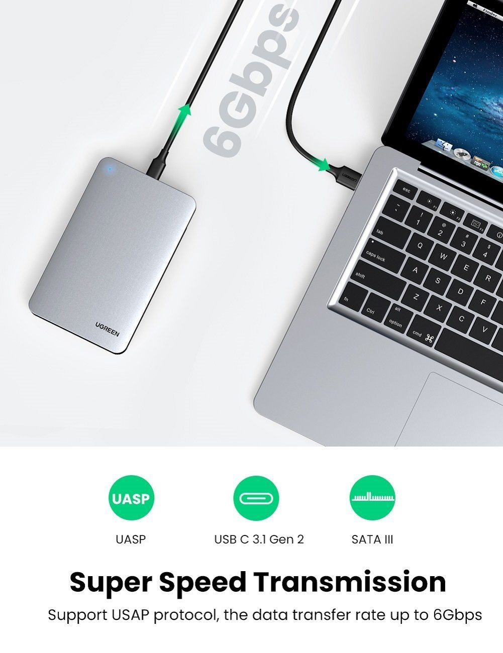 Ugreen 2.5'' SATA ohišje za disk srebrn + USB-C-USB-A kabel - box