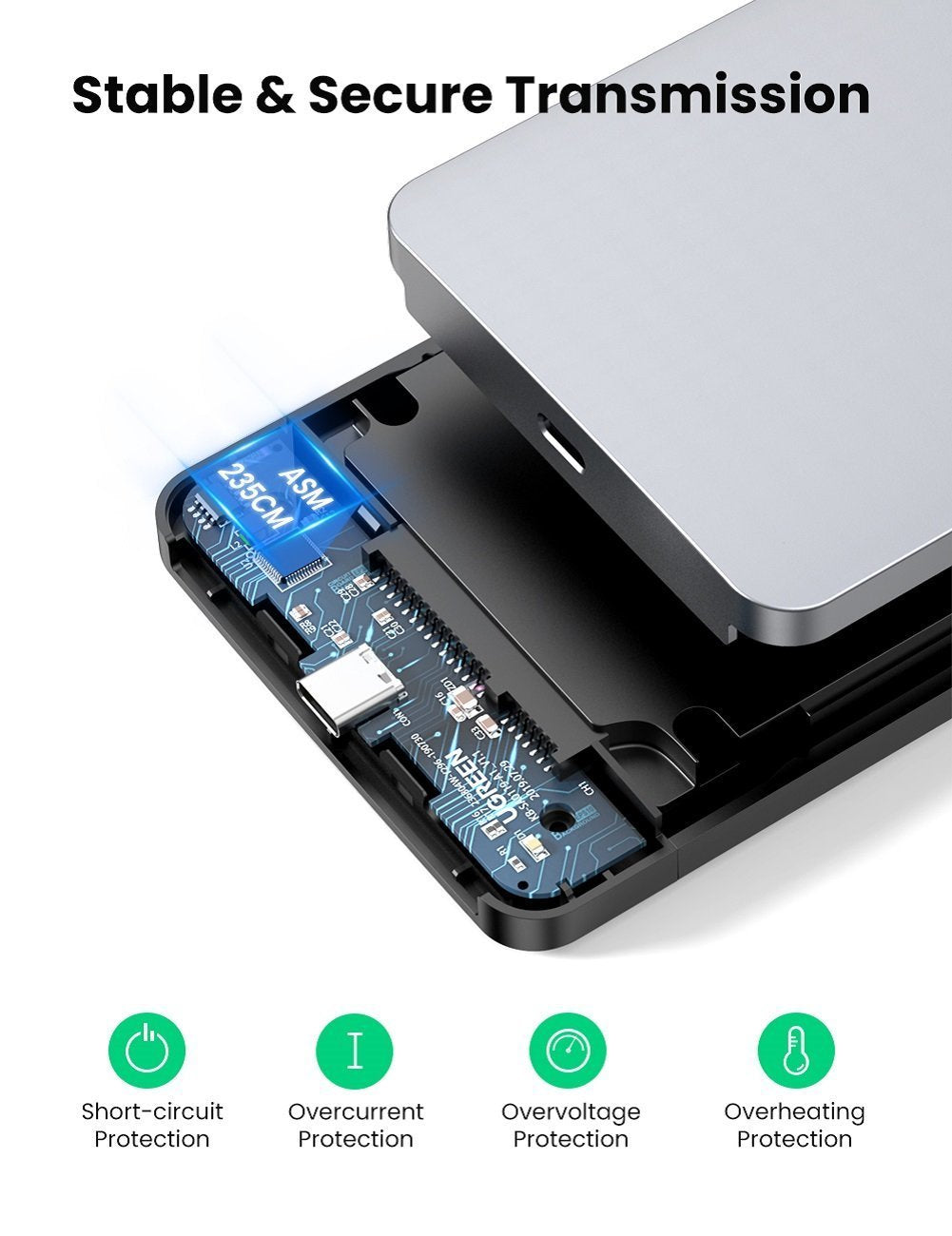 Ugreen 2.5'' SATA ohišje za disk srebrn + USB-C-USB-A kabel - box