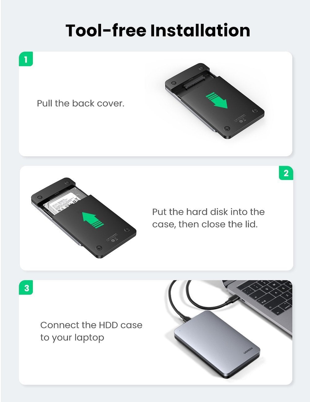 Ugreen 2.5'' SATA ohišje za disk srebrn + USB-C-USB-A kabel - box
