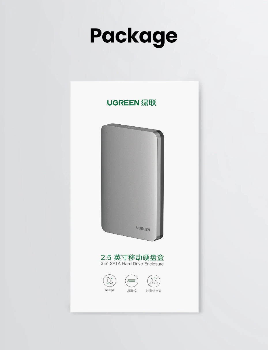 Ugreen 2.5'' SATA ohišje za disk srebrn + USB-C-USB-A kabel - box
