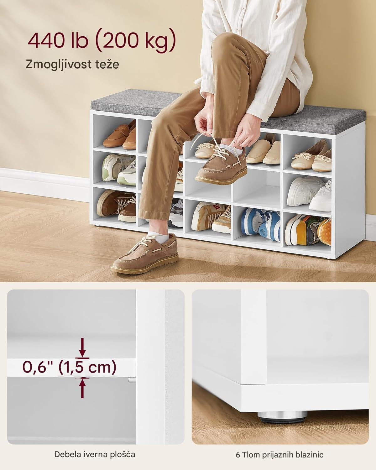 VASAGLE klop za čevlje z mehko blazino 30 x 105 x 48 cm, bela