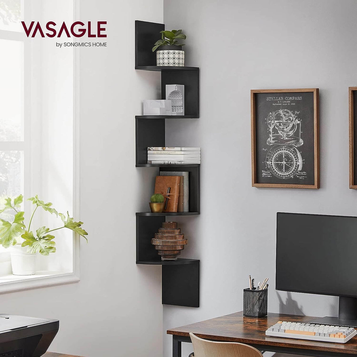 VASAGLE stenska kotna polica, črna, LBC20BK