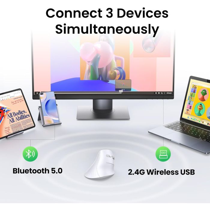 Ugreen brezžična ergonomska vertikalna miška z Bluetooth in Wi-Fi povezavo - bela