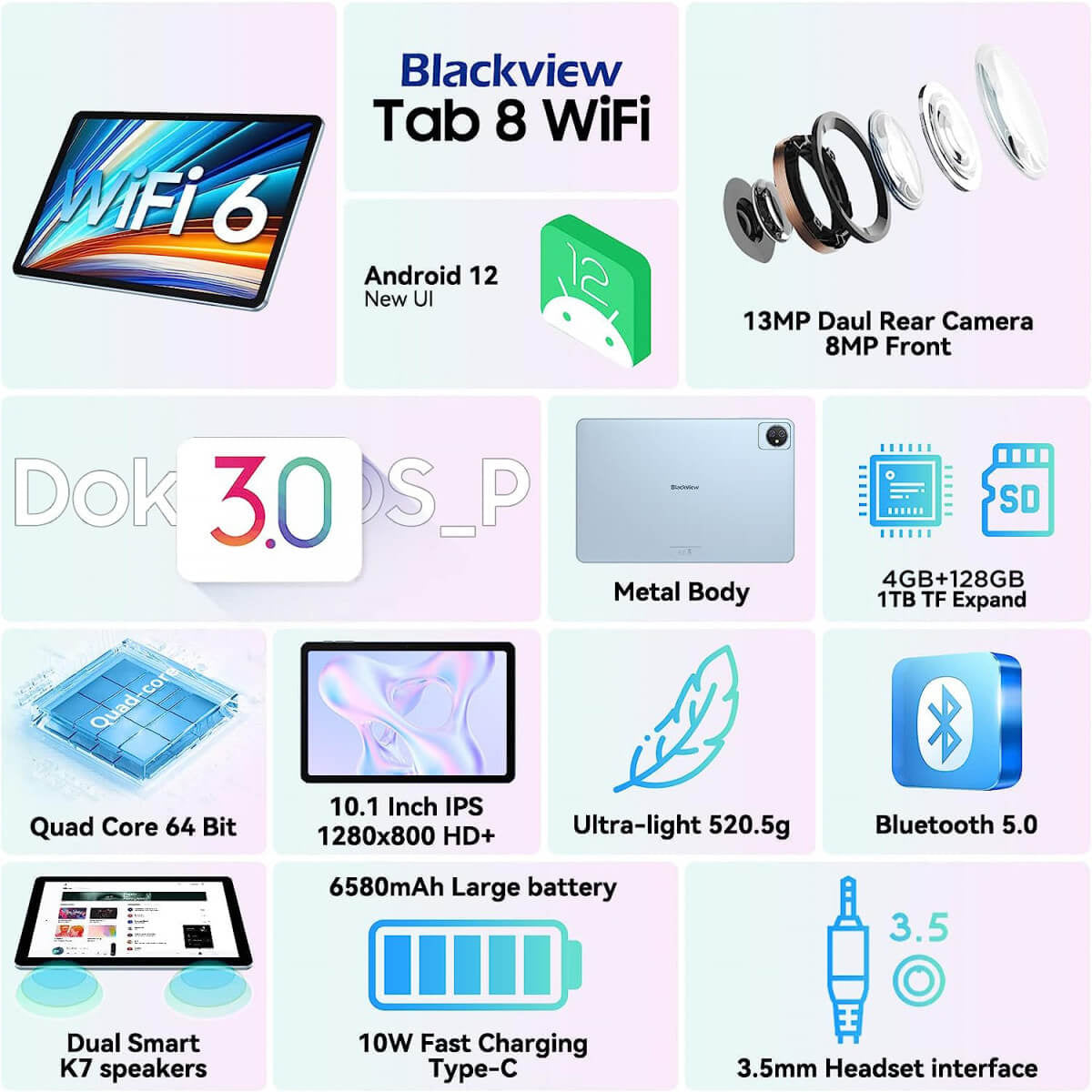 Blackview TAB8 WIFI 10.1'' tablični računalnik 4GB+128GB, modra