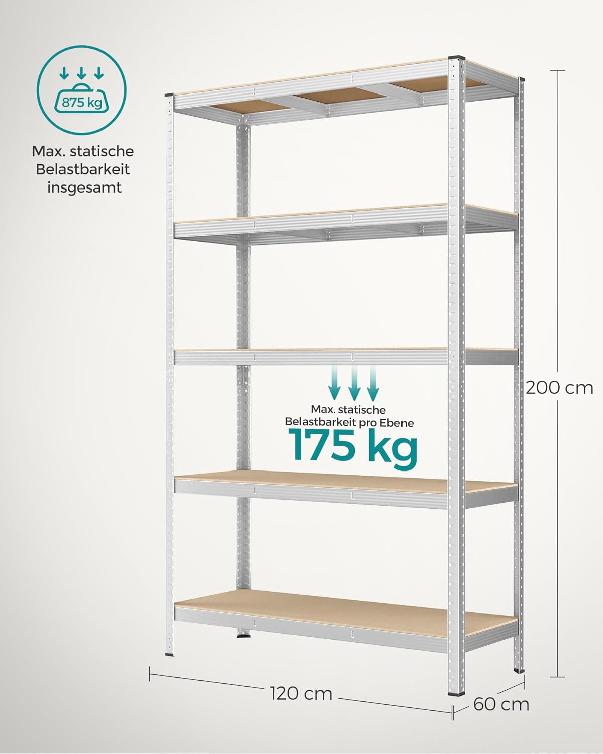 SONGMICS Regal 60 x 120 x 200 cm rjavo-srebrno,GLR060E01