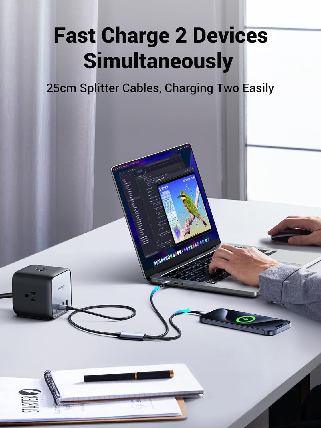 Ugreen 2v1 dvojni USB-C polnilni kabel s 100W