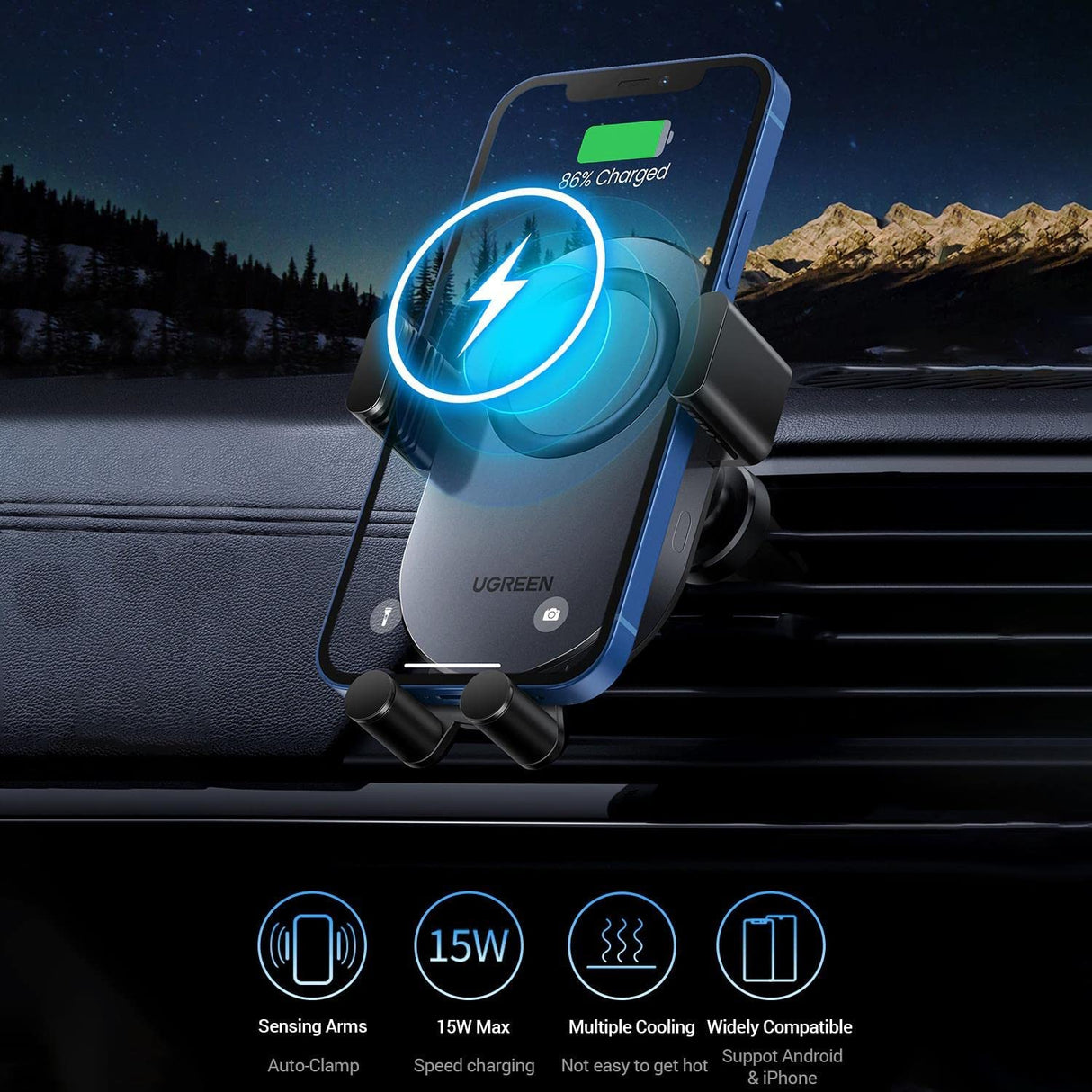 UGREEN 15W Qi indukcijski avtomobilski polnilnik in držalo za telefon