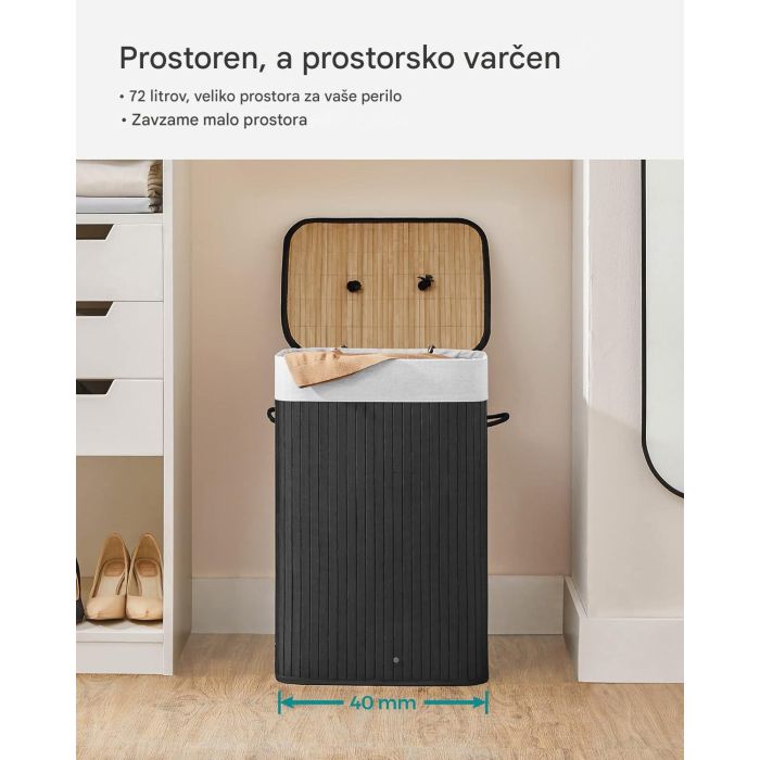 SONGMICS zložljiva bambusova košara za perilo s pokrovom – črna, 72 L