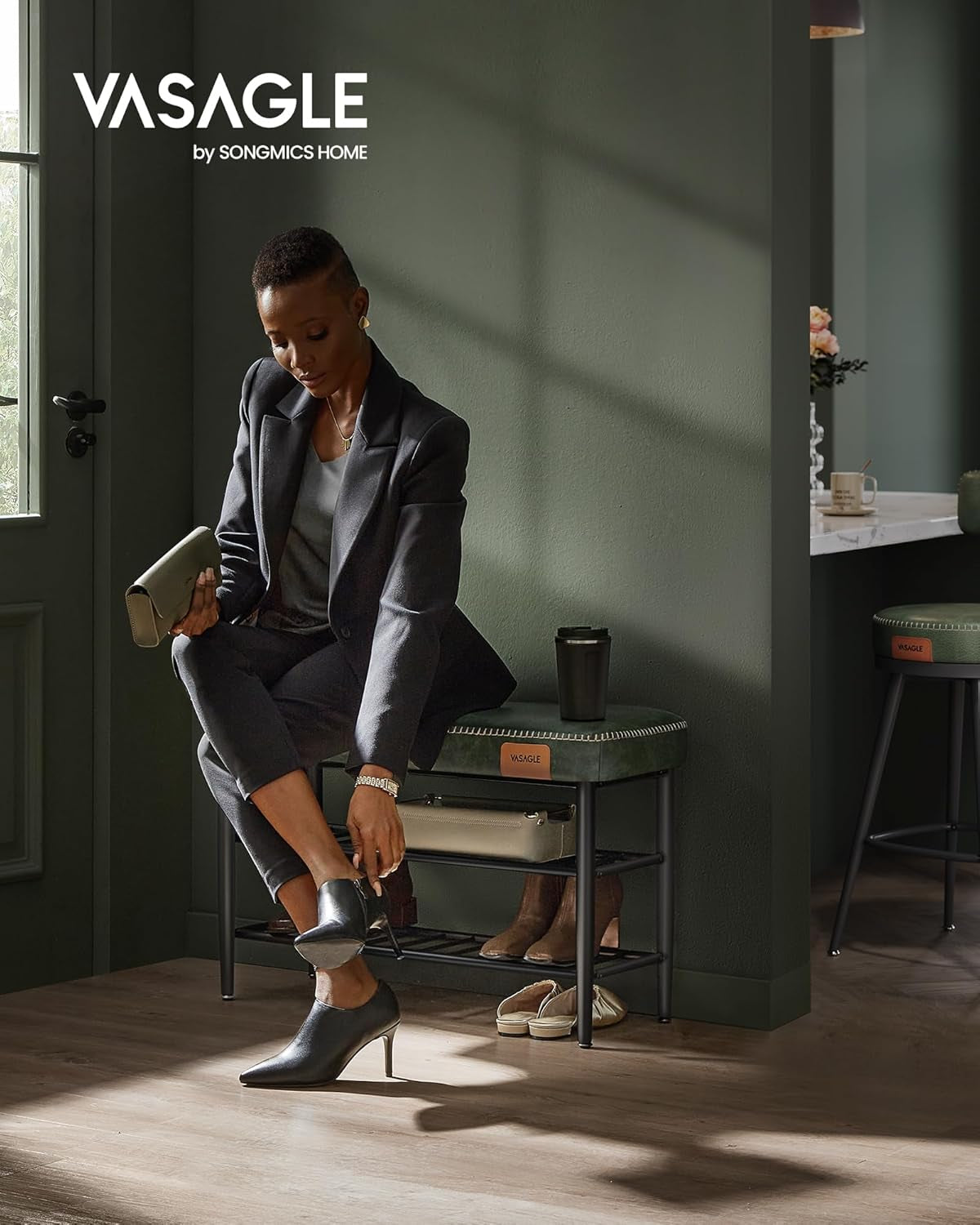 VASAGLE EKHO klop za čevlje, umetno usnje, 135 kg nosilnosti, gozdno zelena, 30 x 80 x 50 cm