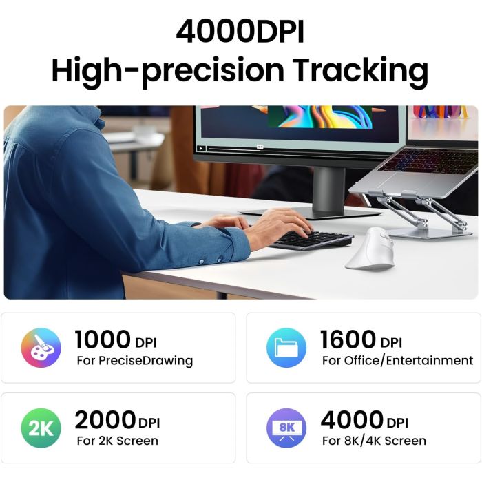 Ugreen brezžična ergonomska vertikalna miška z Bluetooth in Wi-Fi povezavo - bela