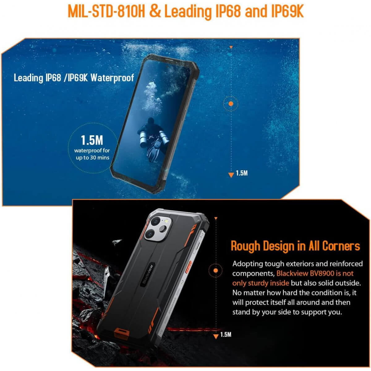 Blackview pametni robustni telefon BV8900 8GB+256GB z vgrajeno termalno kamero, oranžen