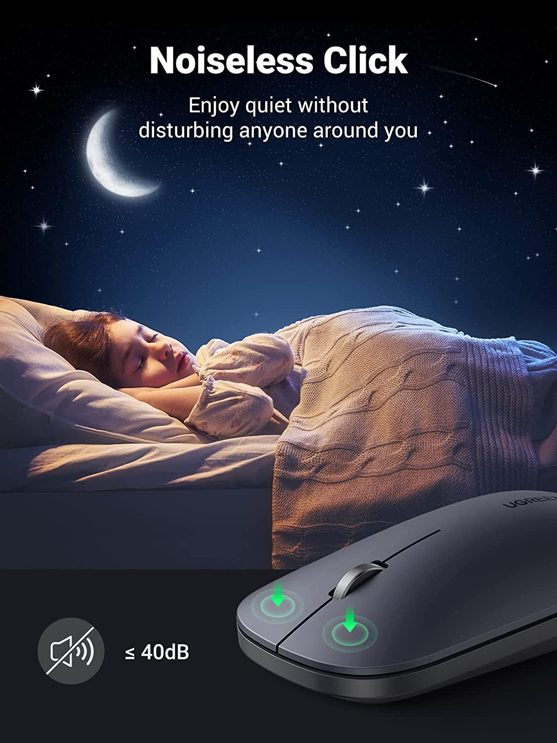 Ugreen brezžična tiha, tanka in lahka miška 2.4GHz, 400DPI črna - box